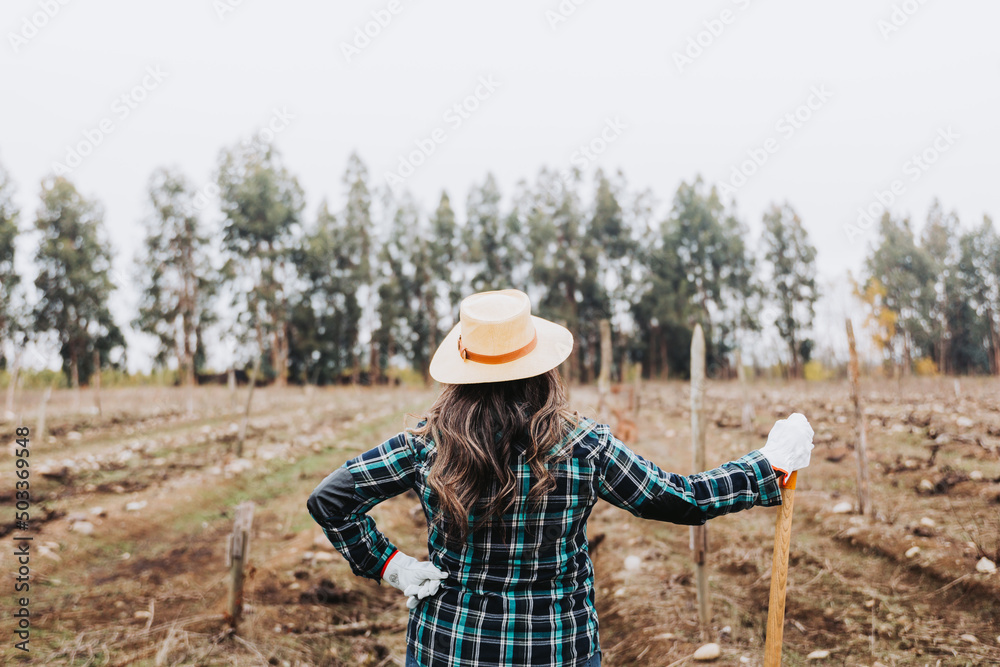 Unrecognizable latin woman farmer taking a rest from the work and holding a shovel in the farmland. Woman's occupation.