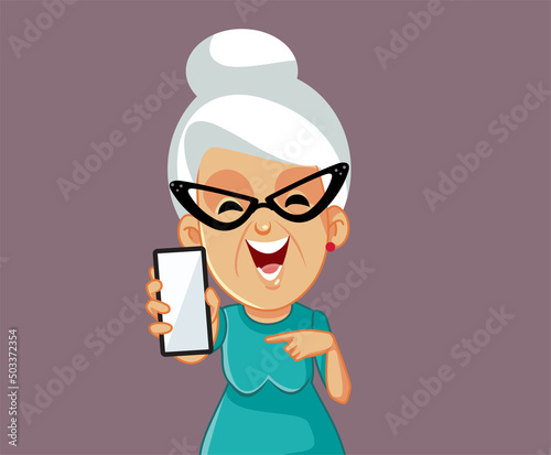 Senior Woman Pointing to her Smartphone Vector Cartoon Illustration