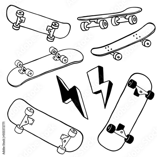 Hand drawn skateboarding elements. Skate background. Skateboarding doodle illustration. photo