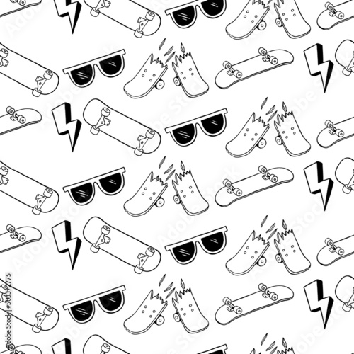 Hand drawn skateboarding elements seamless pattern. Skate illustration.