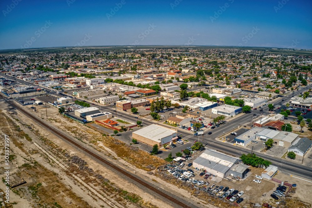 Aerial View of Downtown Delano, California in Spring