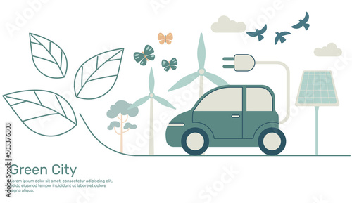 Electric Car on line leaf Green city with ecology earth nature conservation. Vector design illustration.