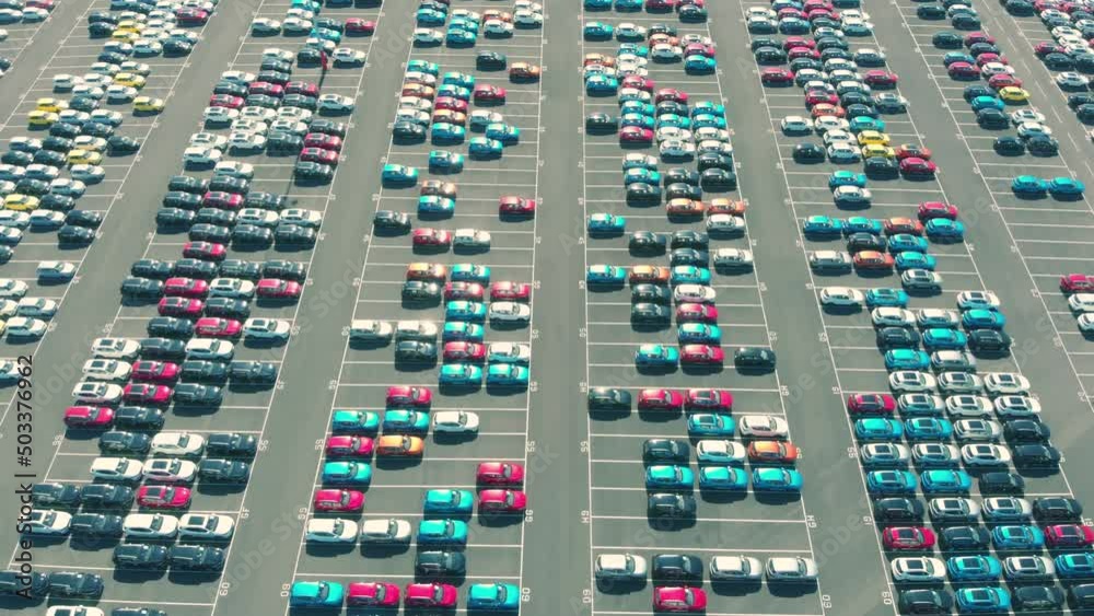 Aerial of rows of cars at cargo port for shipping Aerial of rows of cars at cargo port for shipping