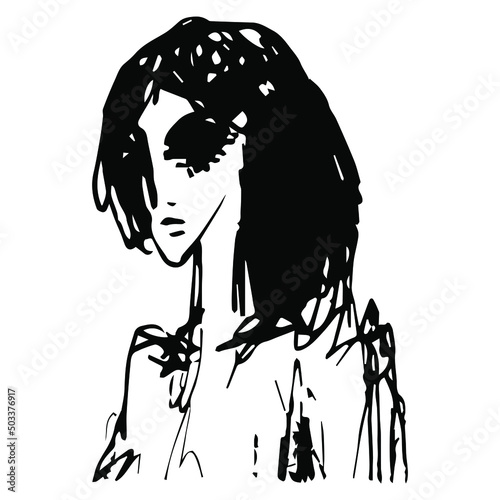 Female portrait. Beautiful young brunette woman. Hand drawn linear doodle rough sketch. Black ink silhouette on white background. Isolated vector illustration.