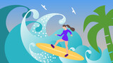 Young woman surfer in rash guard shirt standing on surfboard among high sea waves