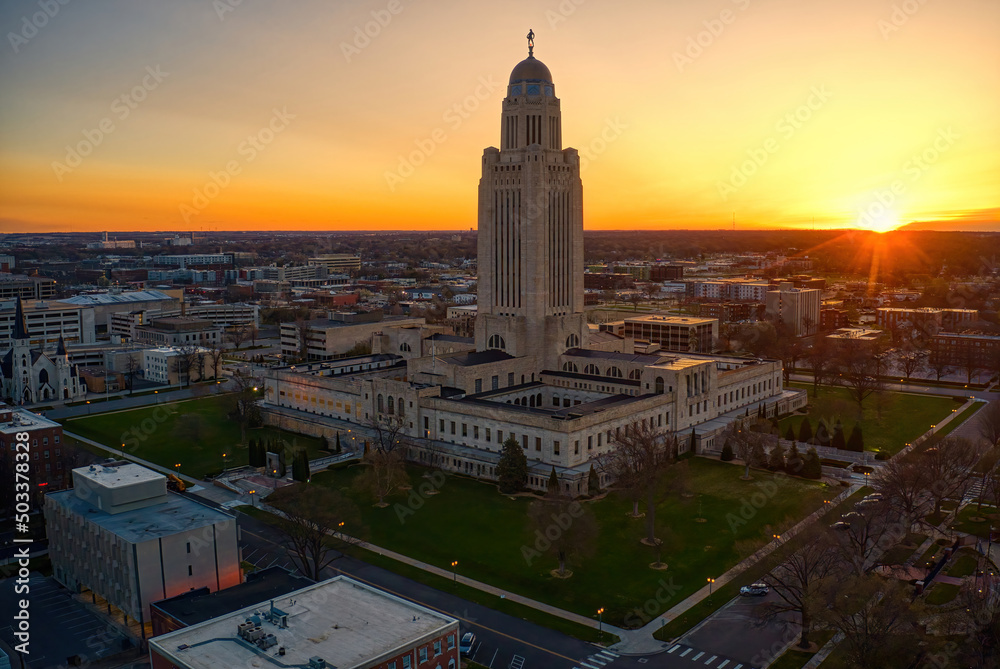 Aerial View of Downtown Lincoln, Nebraska at Twilight