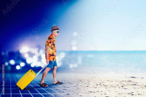 Ederly man carrying suitcase on the virtual beach