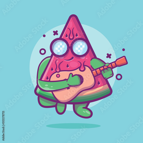 cool watermelon fruit character mascot playing guitar isolated cartoon in flat style design 