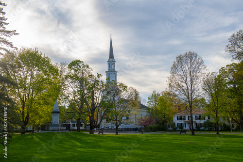 First Parish Church and Battle Green at Lexington Common National Historic Site in historic town center of Lexington, Massachusetts MA, USA. 