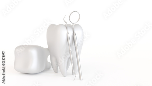 Tooth icon with medical dentist tool or inspection mirror for teeth, dental care concept, 3D rendering.
