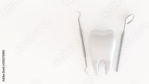 Tooth icon with medical dentist tool or inspection mirror for teeth  dental care concept  3D rendering.