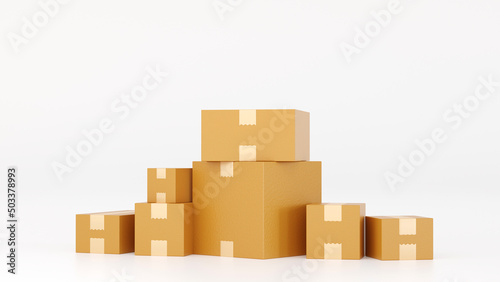Stack of cardboard box carton or parcel. concept of delivering goods, 3D rendering. © pookpiik