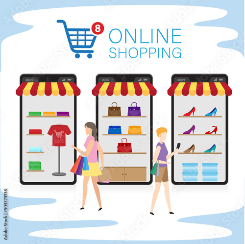 Mobile application for shopping, Online supermaket, Smartphone with shopping app.