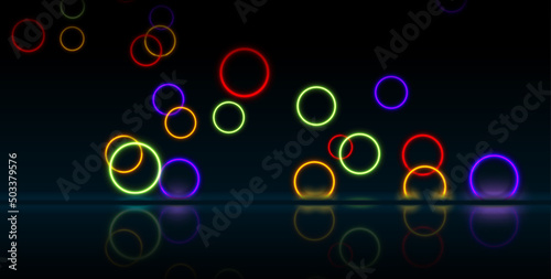 Colorful neon laser rings with reflection. Abstract circles technology retro background. Futuristic glowing vector minimal design