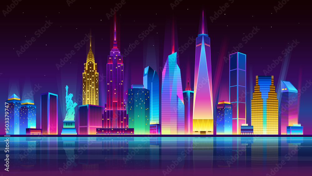 Night New york City illuminated by neon lights. Modern buildings and skyscrapers. Vector illustration.