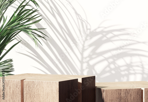 Blank wood podium product display on concrete wall with plants, leaves with beautiful sun light and shadow. 3D render for nature, organic, spa, aroma, health, care, cosmetic, beauty background.
