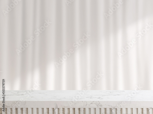 3D render empty white marble counter top with sunlight and white sheers curtain in background. Blank tabletop  Products display overlay  Clean  Hygiene  Space  Presentation  Podium  Stand  Surface.