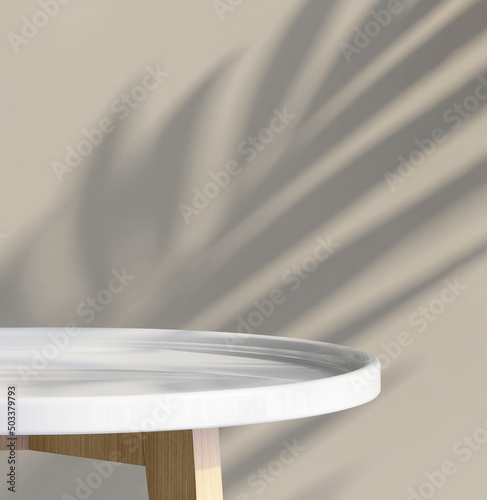 Fototapeta Naklejka Na Ścianę i Meble -  Realistic 3D render of an empty shiny white side table in front of blank beige brown wall with sunlight and leave shadow. Background, Beauty, Skincare, Products overlay.