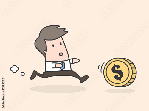 illustration of a businessman chasing a rolling coin. concept of achieving goals and profits, striving for success, running for money. flat cartoon style. vector business design