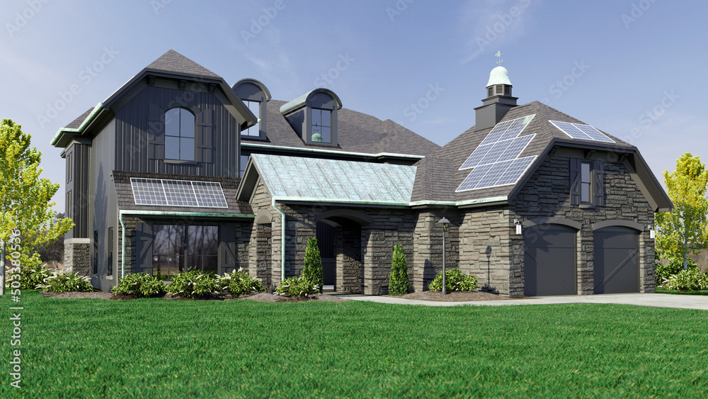 Obraz premium Black house With Copper Trim and Solar Panels