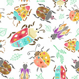 Seamless pattern vector of hand drawn beetles and leaves with ornaments