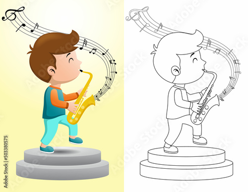 Cartoon boy playing saxophone on stage. Coloring book or page
