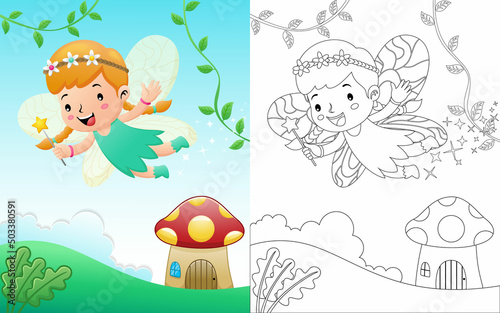 Cute fairy cartoon flying on scene background with mushroom house. Coloring book or page