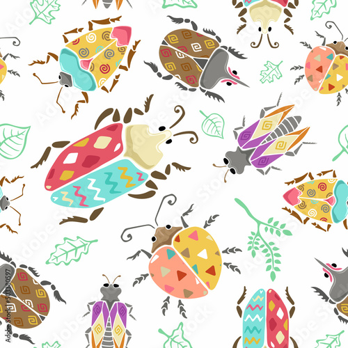 Seamless pattern vector of hand drawn beetles and leaves with ornaments © Bhonard21