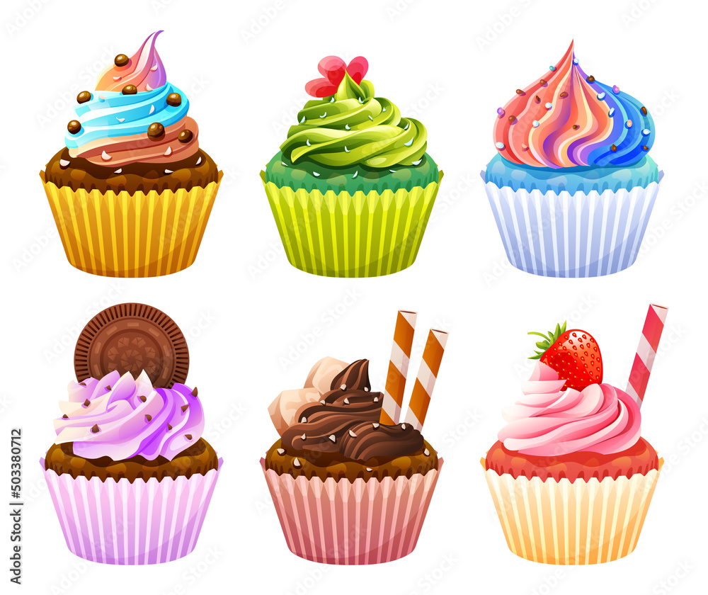 Set of delicious cupcakes cartoon illustration Set of delicious cupcakes cartoon illustration