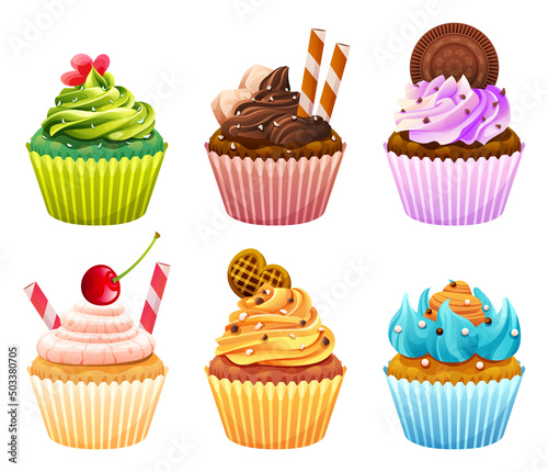 Set of various colorful sweet cupcakes cartoon illustration