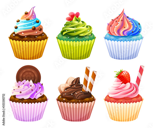 Set of delicious cupcakes cartoon illustration