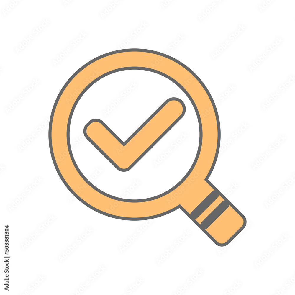 Magnifying glass and check mark icon in minimal cartoon style Magnifying glass and check mark icon in minimal cartoon style