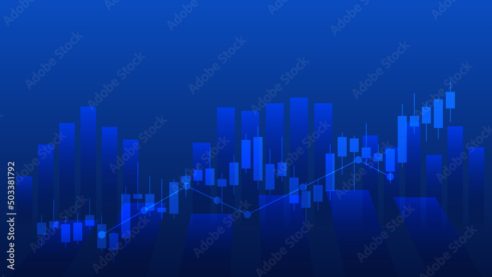  Financial business statistics with bar graph and candlestick chart with uptrend arrow show stock market price and effective earning on blue background