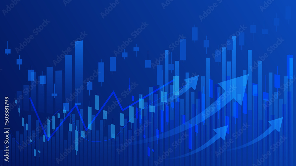  Financial business statistics with bar graph and candlestick chart with uptrend arrow show stock market price and effective earning on blue background