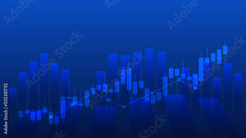  Financial business statistics with bar graph and candlestick chart with uptrend arrow show stock market price and effective earning on blue background