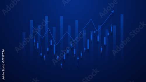  Financial business statistics with bar graph and candlestick chart with uptrend arrow show stock market price and effective earning on blue background
