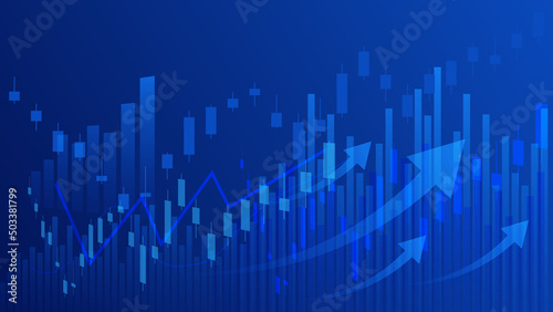  Financial business statistics with bar graph and candlestick chart with uptrend arrow show stock market price and effective earning on blue background