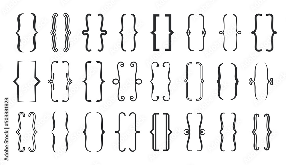 Parenthesis text brackets. Curly, round, square, elegant frames of vector punctuation marks. Isolated black line shapes of figured parentheses, brackets and braces, calligraphy Parenthesis text brackets. Curly, round, square, elegant frames of vector punctuation marks. Isolated black line shapes of figured parentheses, brackets and braces, calligraphy