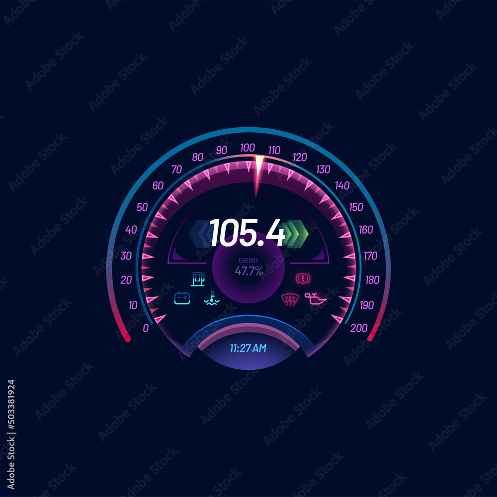 Futuristic car speedometer gauge dials. Neon led speed meter. Motorbike speedometer vector gauge or tachometer counter, car odometer circle digital display with energy charge, auto service icons - obrazy, fototapety, plakaty 