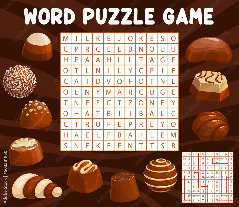 Chocolate candies and sweets word search puzzle game worksheet. Vector
