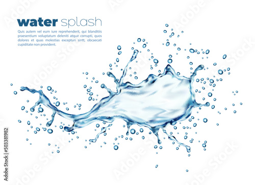 Blue water wave isolated splash with drops, vector realistic water splatter. Clean blue pure aqua flow or water spill pour with splashing fizzy droplets of crystal clear drink
