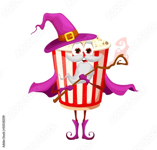 Cartoon popcorn wizard character. Cute fast food takeaway meal mage character with magic scepter or staff, vector happy smiling sorcerer popcorn bucket personage wearing hat, cloak and boot