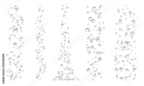 Fizz underwater bubbles, soda, water or oxygen air dynamic aqua effervescent rising up. Vector fizzing champagne, lemonade, carbonated beverage drink design elements, isolated realistic gas bubbles