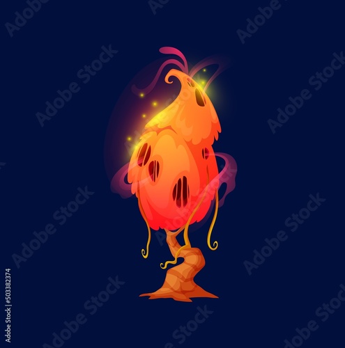 Cartoon isolated alien luminous tree, fantastic forest of magic fantasy world, isolated vector. Glowing luminescent tree or fairy mushroom toadstool and mystery slime with toxic potion light