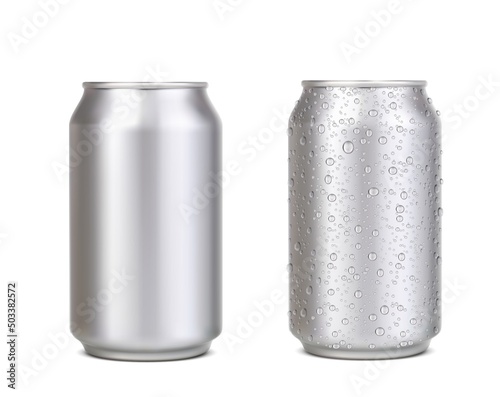 Realistic can with water drops, silver beer, soda, lemonade, juice or coffee and energy drink can, vector mockup. Aluminium can with water drops or aluminum tin bottle of beverage, isolated 3d object photo