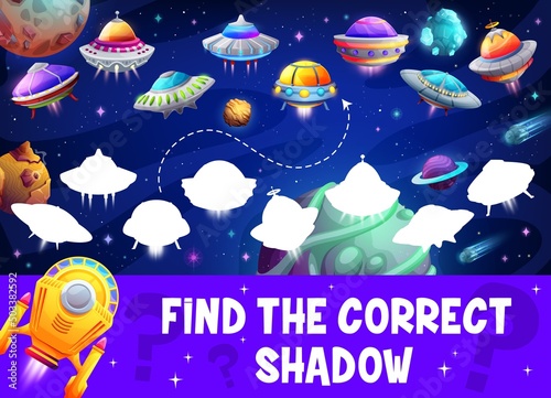 Find the correct shadow of ufo or alien starship game worksheet. Cartoon vector kids matching logic activity, preschool or kindergarten educational boardgame riddle page for logical mind development