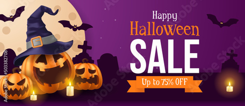 Happy Halloween Sale Banner. Halloween vector illustration with halloween pumpkins, and halloween elements.