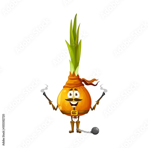 Cartoon funny onion pirate, vector corsair vegetable character with muskets and bob on leg. Funny veggies personage in filibuster carnival costume shoot with guns, buccaneer or picaroon garden plant