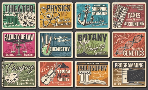 College science, art and technology faculties retro banners. Theater, painting and music, chemistry, botany and physics, genetics, programming and philosophy, law and finances faculty vector posters