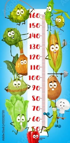 Cartoon farm vegetable characters doing fitness on child growth chart. Kids height meter or growth measure vector ruler with funny corn, salad and artichoke, bean, turnip and corn doing exercises